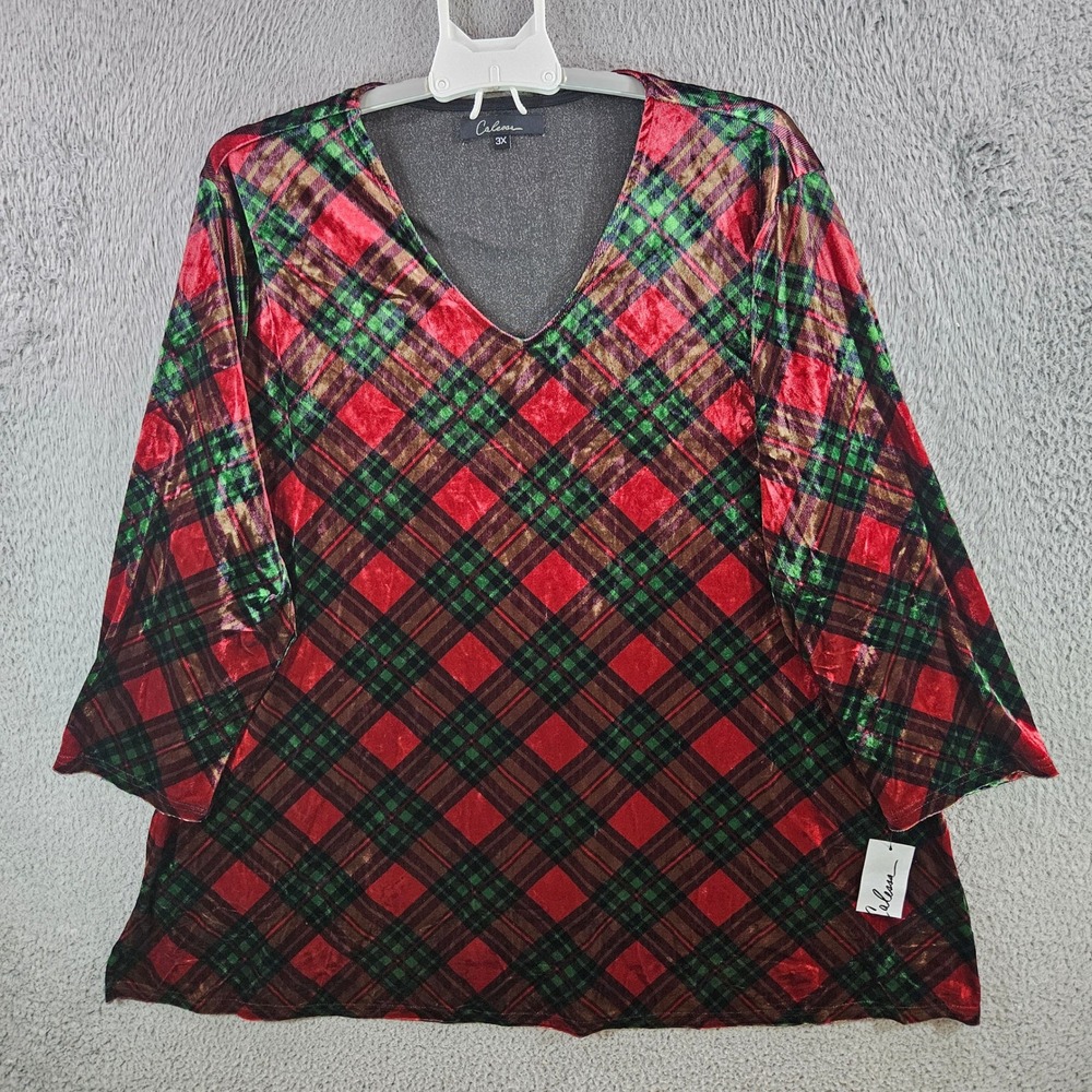 Calessa Womens Plus 3X Red Green Plaid Velvet V-Neck Tunic Top 3/4 Sleeve NEW